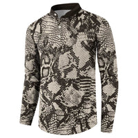 Button-front long-sleeve sweatshirt, front view, snakeskin print in black-and-cream