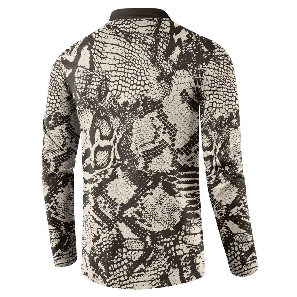 Back view button-front long-sleeve sweatshirt with snakeskin print, black-and-cream