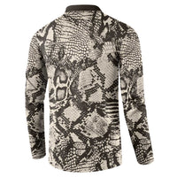 Back view button-front long-sleeve sweatshirt with snakeskin print, black-and-cream