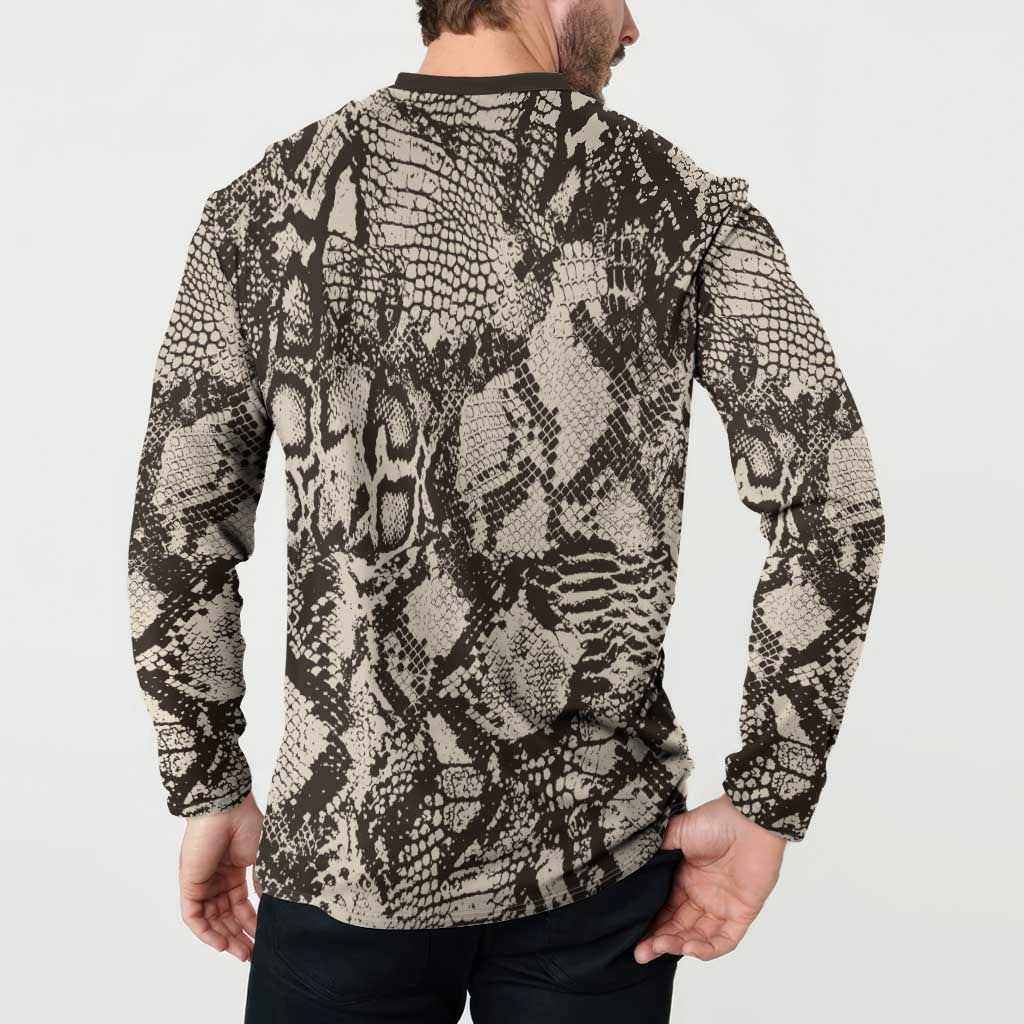 Back view on model: button-front long-sleeve snakeskin sweatshirt, black-and-cream