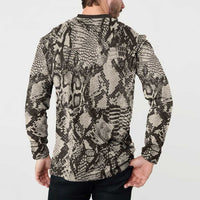 Back view on model: button-front long-sleeve snakeskin sweatshirt, black-and-cream