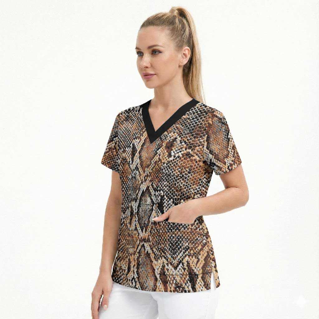 African Wild Animal Skins Scrub Top Vintage Snake Skin Pattern