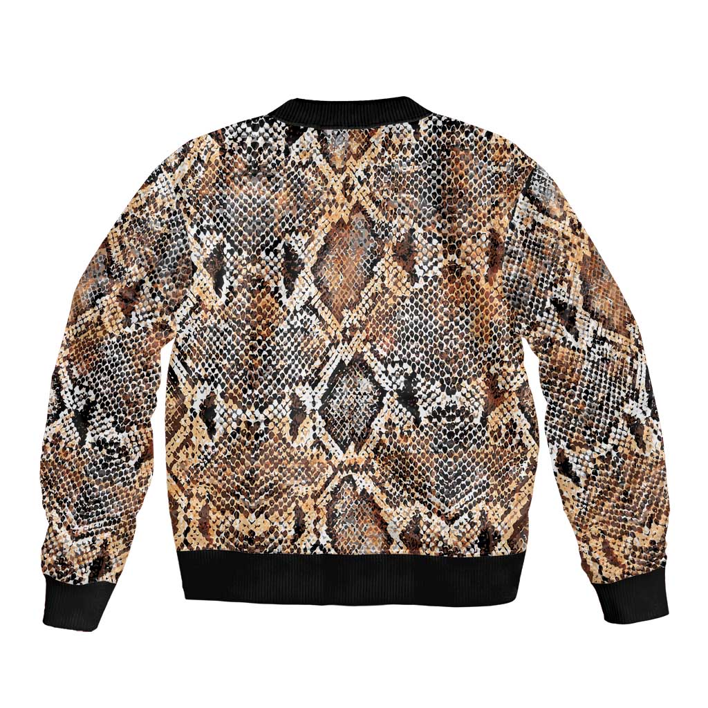 Snake-print bomber jacket, ribbed collar and hem, back view