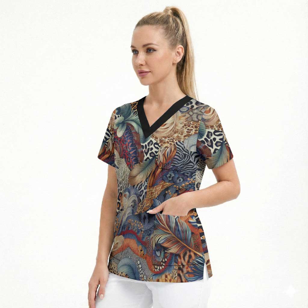 African Wild Animal Skins Scrub Top Unique Leopard Zebra And Snake Patterns