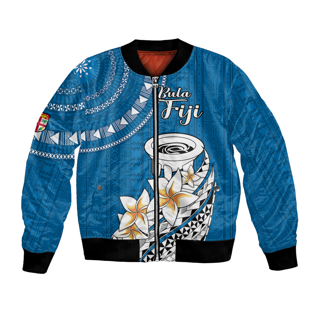 Blue bomber jacket with ribbed collar, zip front, and tribal Tapa graphic; Bula Fiji print