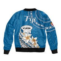 Blue bomber jacket with ribbed cuffs and large back graphic with cup and flowers