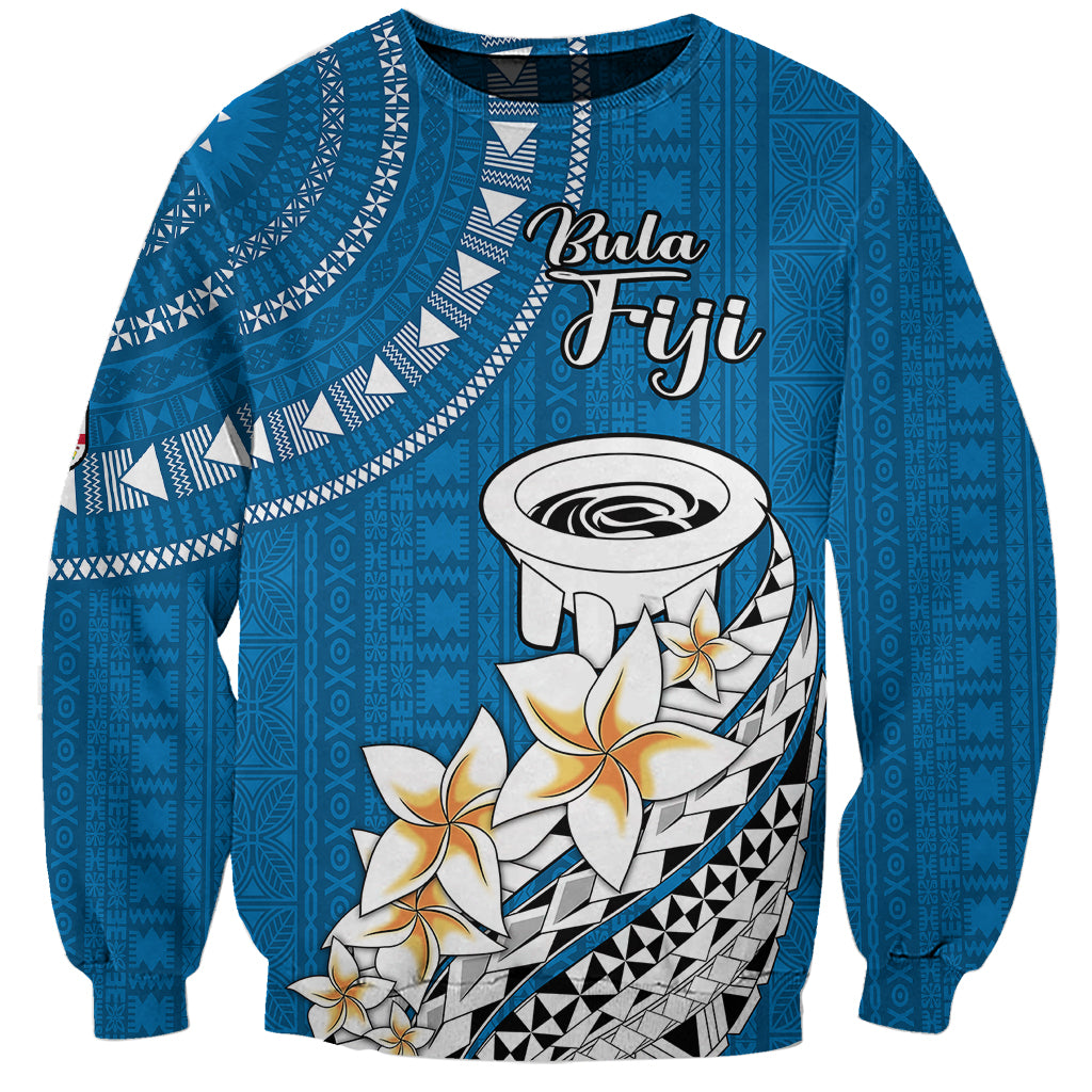 Blue crewneck sweatshirt with graphic kava bowl, floral and tribal pattern, long sleeves