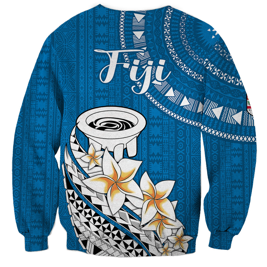 Blue sweatshirt with large Fiji text and kava bowl floral graphic, tribal shoulder print