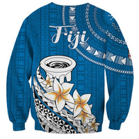 Blue sweatshirt with large Fiji text and kava bowl floral graphic, tribal shoulder print