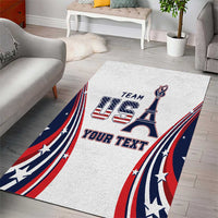 Rectangular white area rug with Eiffel Tower emblem, star stripes, and 'YOUR TEXT'.