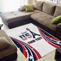 White rectangular area rug featuring Eiffel Tower art, patriotic star stripes, and 'YOUR TEXT'.