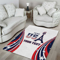 White area rug with bold red and navy swoosh stripes, Eiffel Tower graphic, 'YOUR TEXT'.