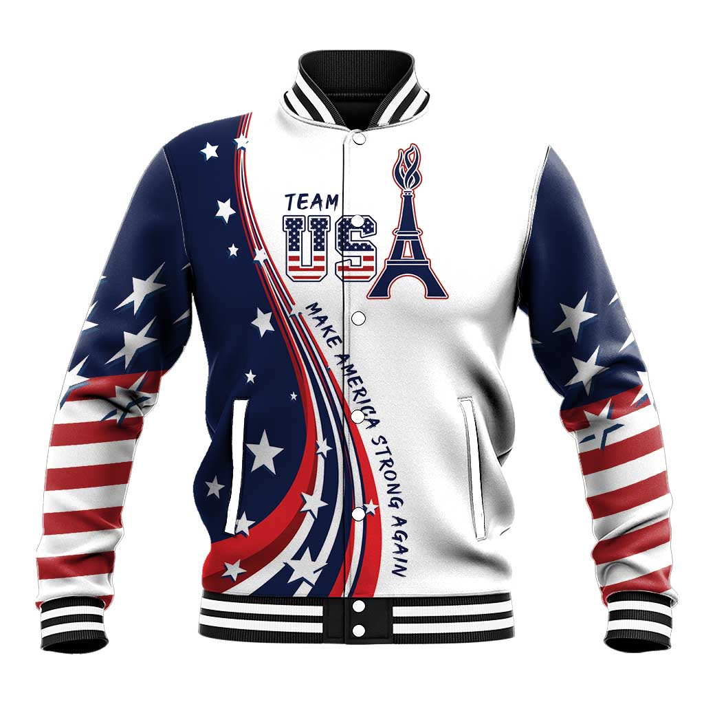 White baseball jacket with navy sleeves, varsity ribbed collar and USA flag graphic