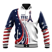 White baseball jacket with navy sleeves, varsity ribbed collar and USA flag graphic