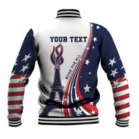 White and navy baseball jacket, ribbed hem, large back torch and stars design