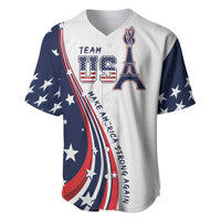 White baseball jersey with navy star sleeves and TEAM USA emblem, red and blue accents