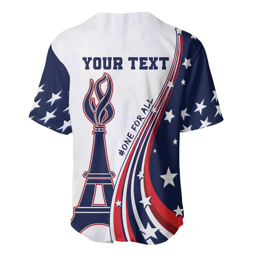 Back of white and navy baseball jersey with YOUR TEXT, torch graphic, stars and flag