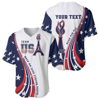 White and navy baseball jersey with TEAM USA graphic, stars, and red/blue stripes