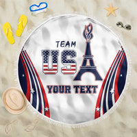 Personalized round beach blanket, white with US Team graphic, red/blue striped sides, fringe.
