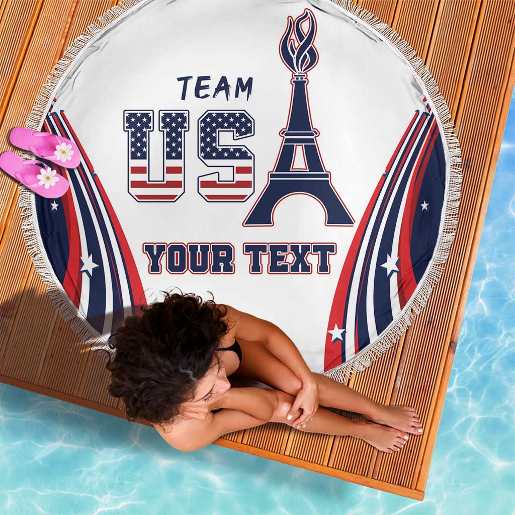 Personalized round beach blanket, white with Eiffel Tower and US Team, Your Text, fringe border.