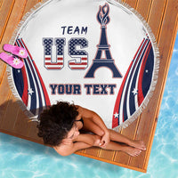 Personalized round beach blanket, white with Eiffel Tower and US Team, Your Text, fringe border.