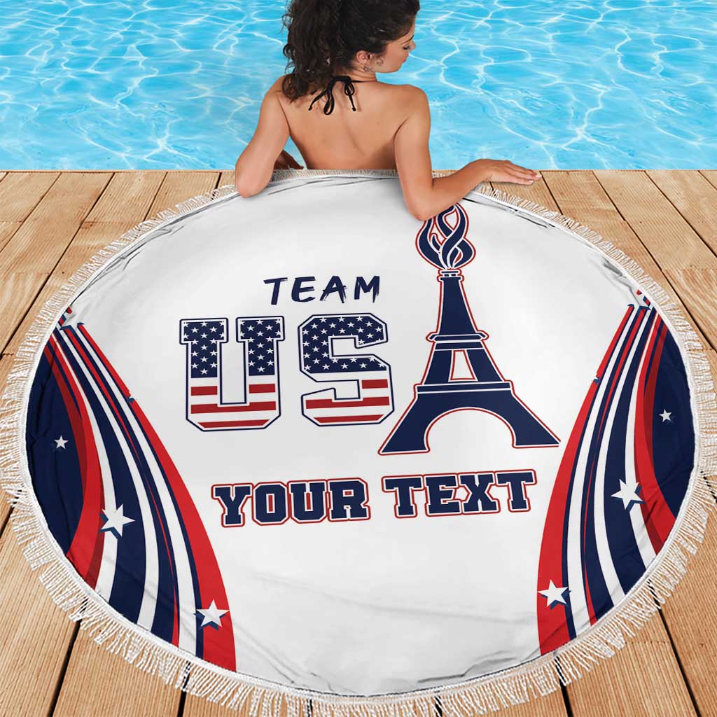 Personalized round beach blanket, white with US Team and Eiffel Tower print, fringe trim.