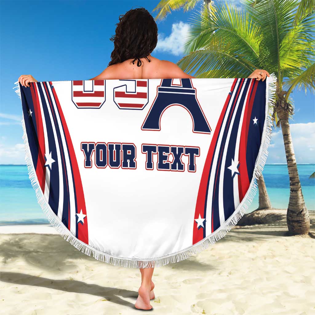 Personalized round beach blanket, white with USA stripes, fringe edges, Your Text print.