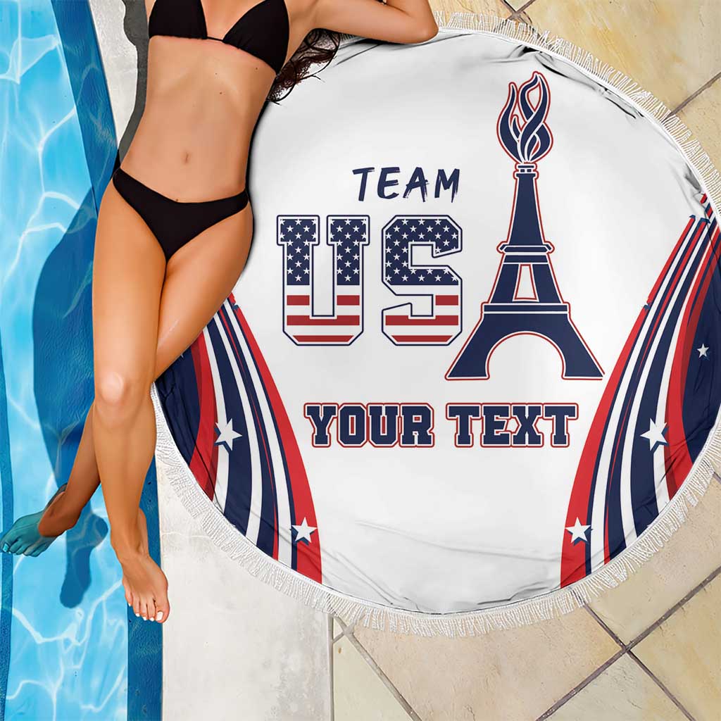 Personalized round beach blanket, white with US Team graphic and Your Text, fringe edge.