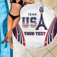 Personalized round beach blanket, white with US Team graphic and Your Text, fringe edge.