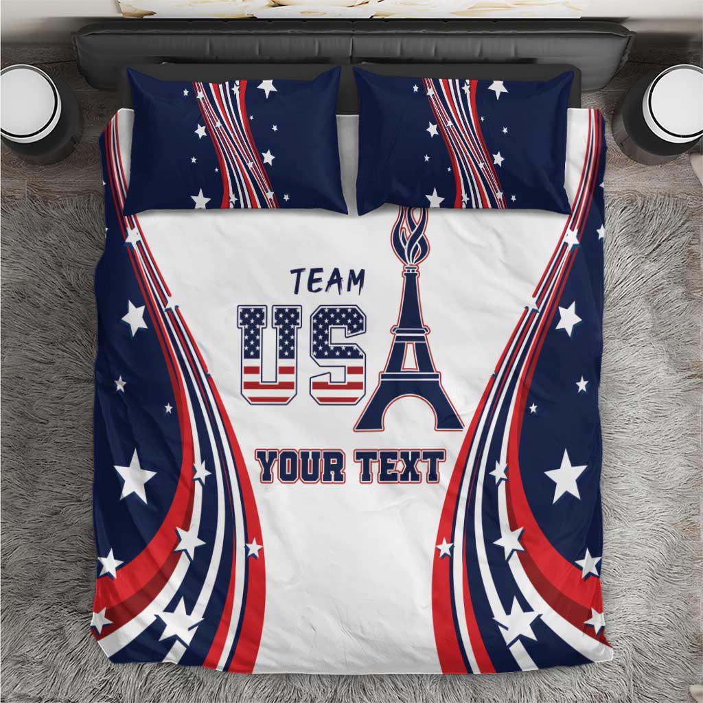 Personalized bedding set, white duvet with navy stars, red-blue stripe arcs and 'TEAM YOUR TEXT'