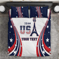 Personalized bedding set, white duvet with navy stars, red-blue stripe arcs and 'TEAM YOUR TEXT'