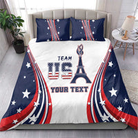 Personalized bedding set with navy stars, red-blue stripe arcs, Eiffel graphic and 'YOUR TEXT'