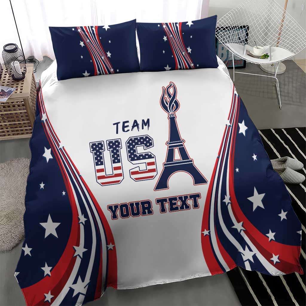 Personalized bedding set, navy-and-white duvet with Eiffel graphic, stars and red-blue arcs