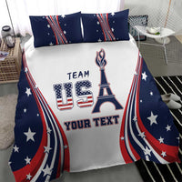 Personalized bedding set, navy-and-white duvet with Eiffel graphic, stars and red-blue arcs