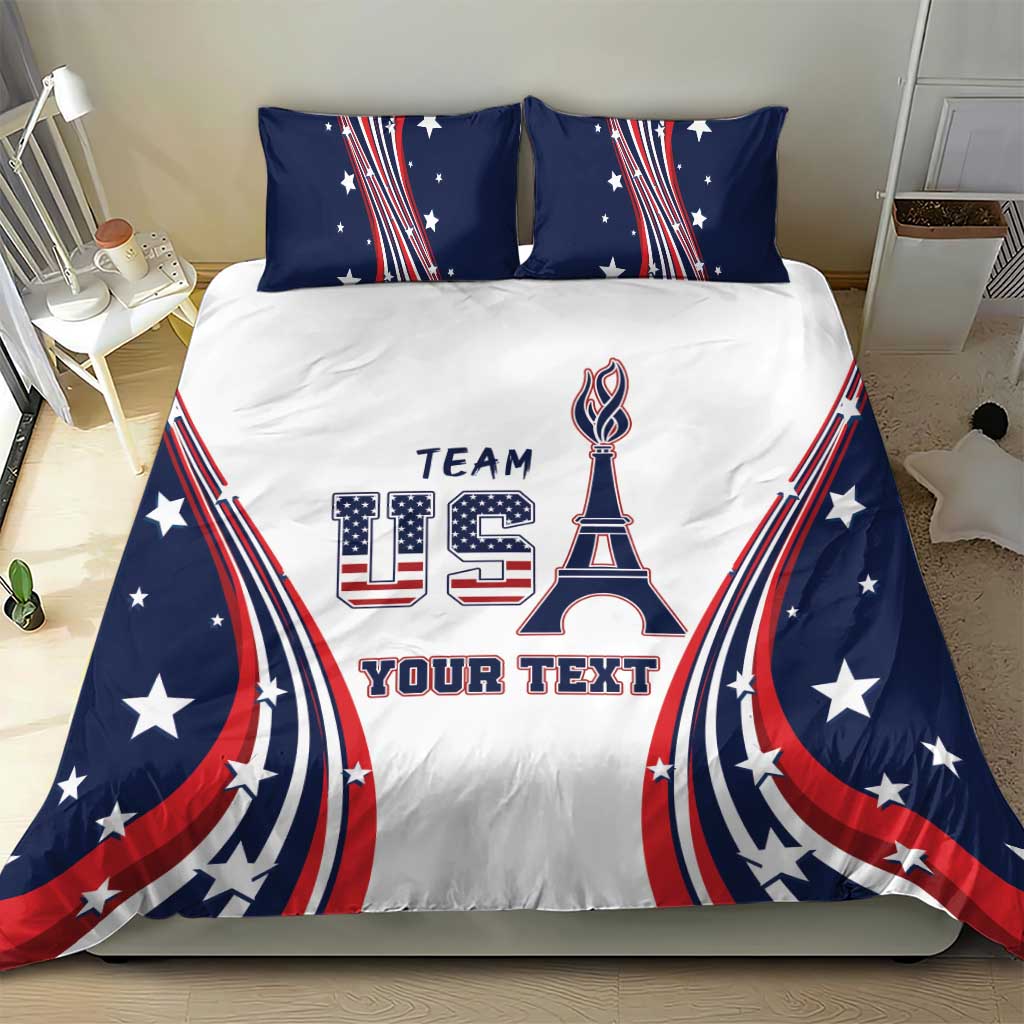 Personalized bedding set, white duvet with navy star border, red-blue stripe arcs and Eiffel graphic