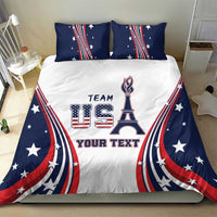 Personalized bedding set, white duvet with navy star border, red-blue stripe arcs and Eiffel graphic