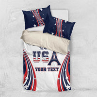 Personalized bedding set with white duvet, navy star pattern, red-blue stripe arcs and 'YOUR TEXT'