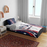 Personalized bedding set on bed: navy stars, red-blue stripe arcs and Eiffel 'TEAM YOUR TEXT'