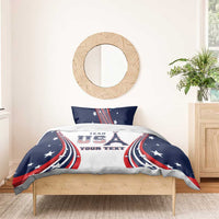 Personalized bedding set, navy pillows with stars and white duvet with Eiffel graphic