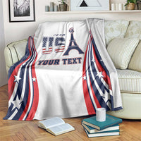 White custom throw blanket with patriotic wave stripes and Eiffel Tower 'TEAM' design