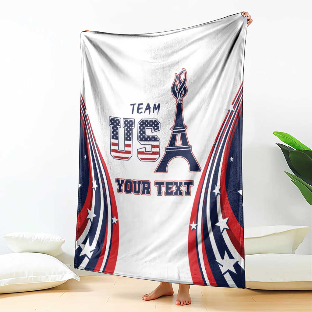 Draped custom throw blanket, white with red/blue patriotic waves and Eiffel Tower graphic