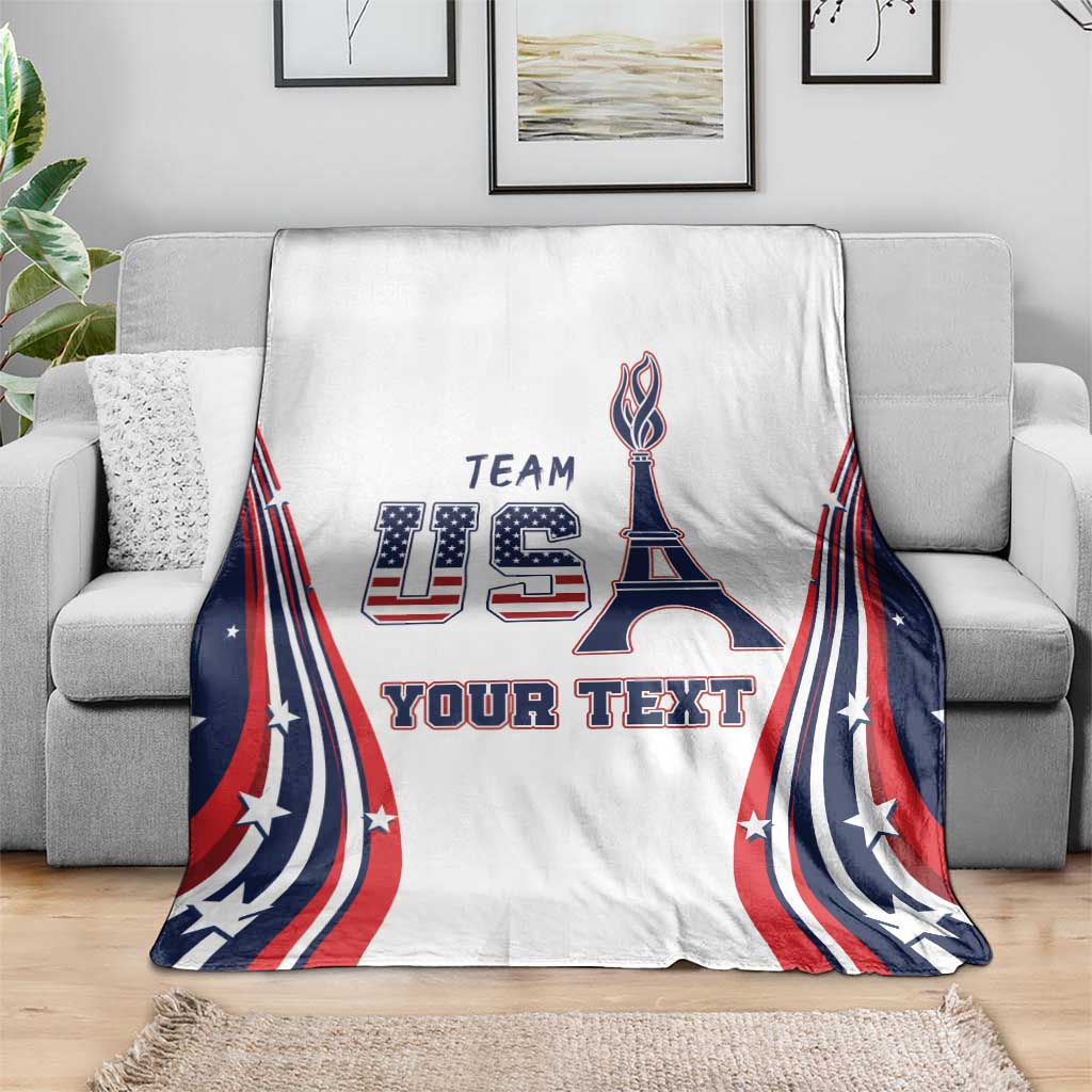 Custom white throw blanket with centered Eiffel Tower, 'TEAM' and 'YOUR TEXT'