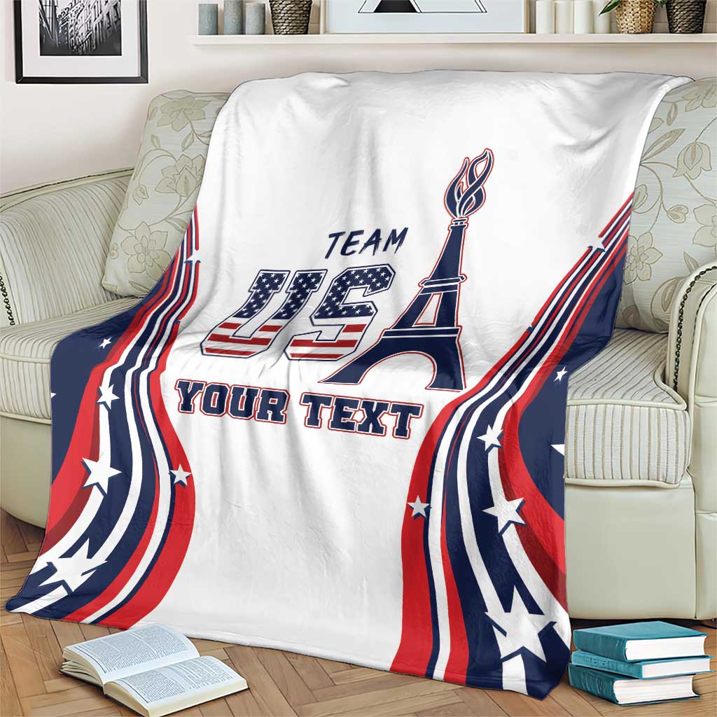 White personalized throw blanket with Eiffel Tower emblem and red/blue patriotic border waves