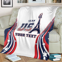 White personalized throw blanket with Eiffel Tower emblem and red/blue patriotic border waves