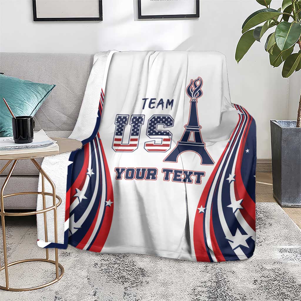 Custom throw blanket with Eiffel Tower graphic and patriotic red/blue wave stripes on white