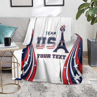 Custom throw blanket with Eiffel Tower graphic and patriotic red/blue wave stripes on white