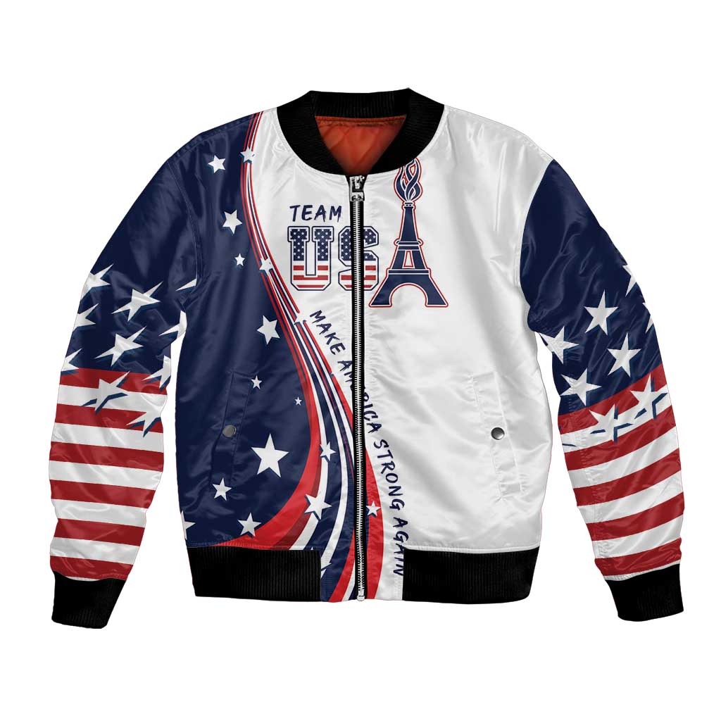 White bomber jacket with navy sleeves, star-and-stripe graphic, front zipper, ribbed cuffs