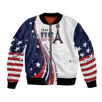 White bomber jacket with navy sleeves, star-and-stripe graphic, front zipper, ribbed cuffs
