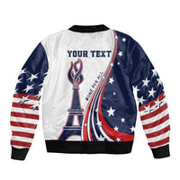 White and navy bomber jacket with red trophy graphic, stars stripes sleeves, ribbed hem
