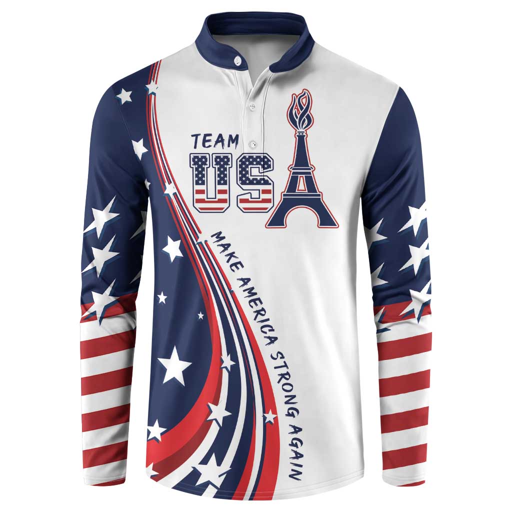 White and navy long-sleeve button henley sweatshirt with large front patriotic graphic